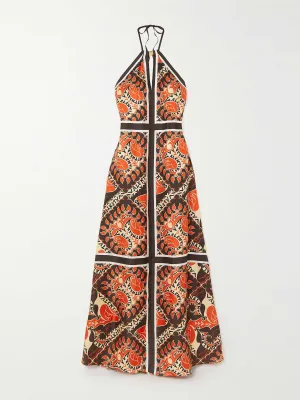 Open back printed silk-twill halterneck gown