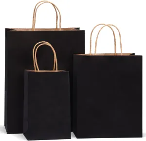 OUTUXED 100pcs Black Paper Bags with Handles Bulk Gift Bags 8/9.3/12.6 Inch- Assorted Sizes for Party Birthday & Retail Business