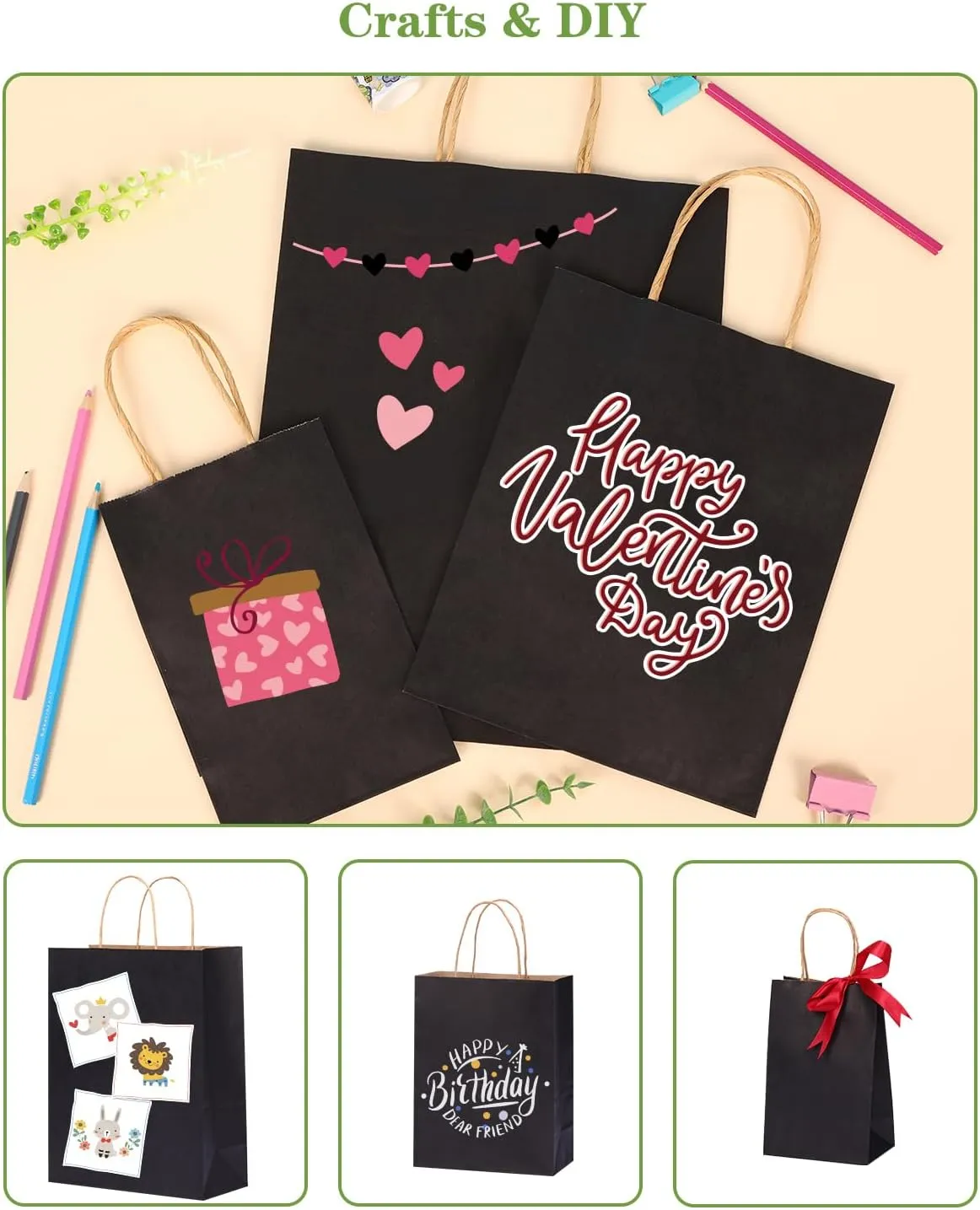 OUTUXED 100pcs Black Paper Bags with Handles Bulk Gift Bags 8/9.3/12.6 Inch- Assorted Sizes for Party Birthday & Retail Business