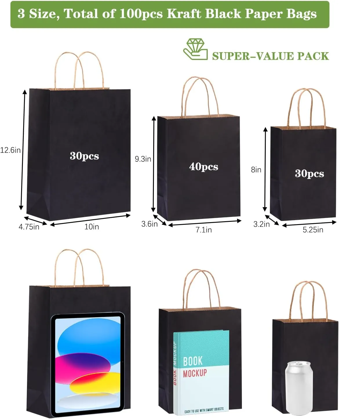 OUTUXED 100pcs Black Paper Bags with Handles Bulk Gift Bags 8/9.3/12.6 Inch- Assorted Sizes for Party Birthday & Retail Business