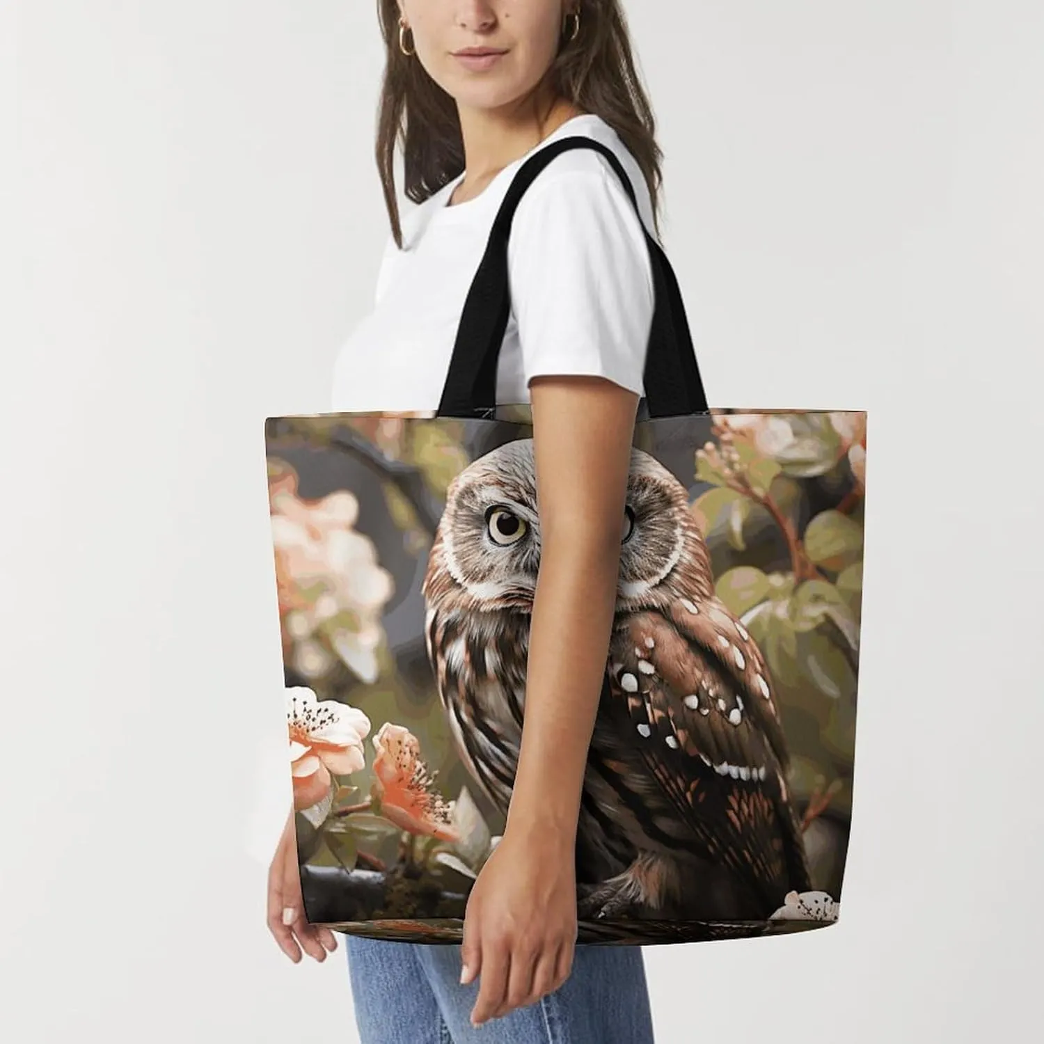 Owl And Flower Beach Bag Reusable Tote Bag Foldable Grocery Bags Women Shopping Bags for Daily Essentials