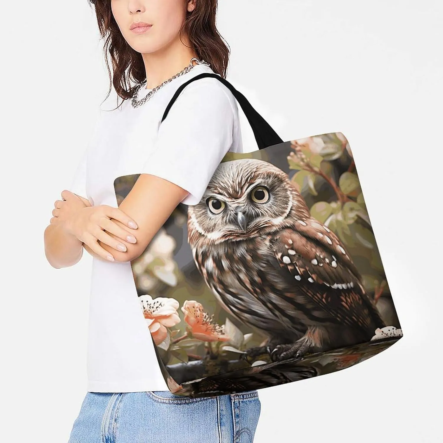 Owl And Flower Beach Bag Reusable Tote Bag Foldable Grocery Bags Women Shopping Bags for Daily Essentials