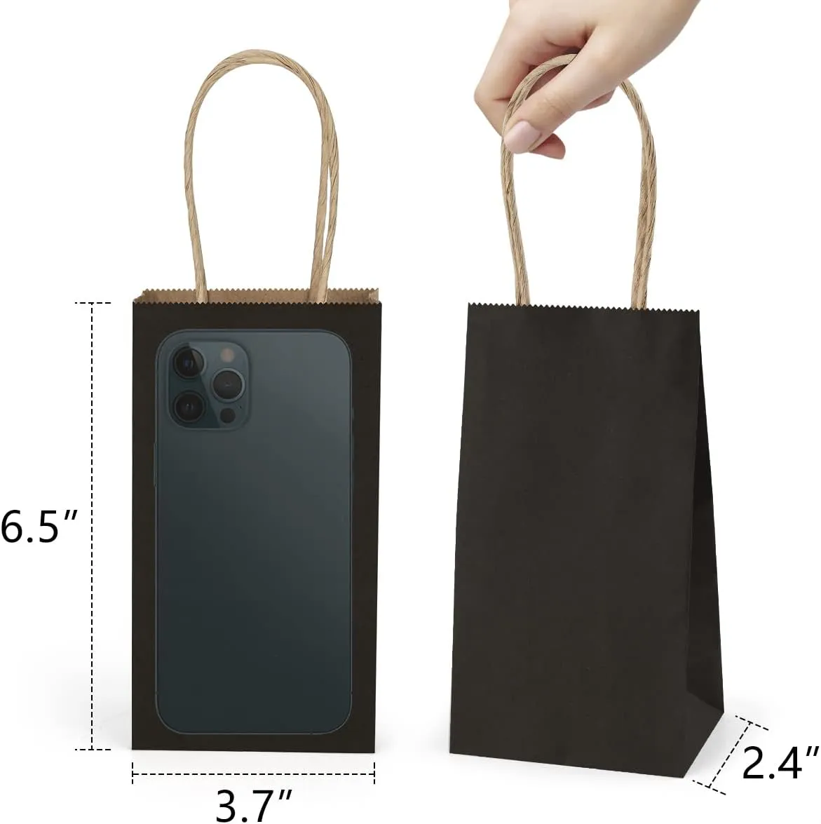 Poever Small Kraft Paper Bags 25 Pack Mini Black Paper Bags 3.5x2.4x6.7 Small Gift Bags with Handles Bulk for Party Favor Small Business