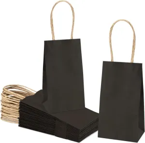 Poever Small Kraft Paper Bags 25 Pack Mini Black Paper Bags 3.5x2.4x6.7 Small Gift Bags with Handles Bulk for Party Favor Small Business