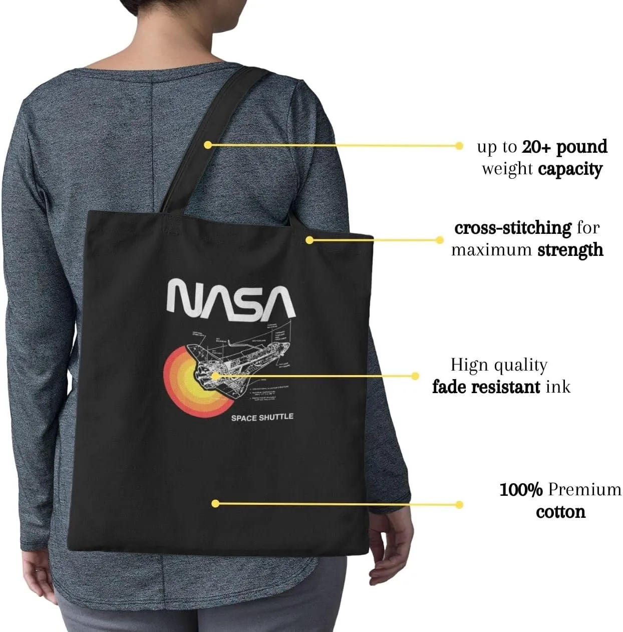 Pop Threads NASA Space Shuttle Diagram Shirt Large Reusable Canvas Tote Bag