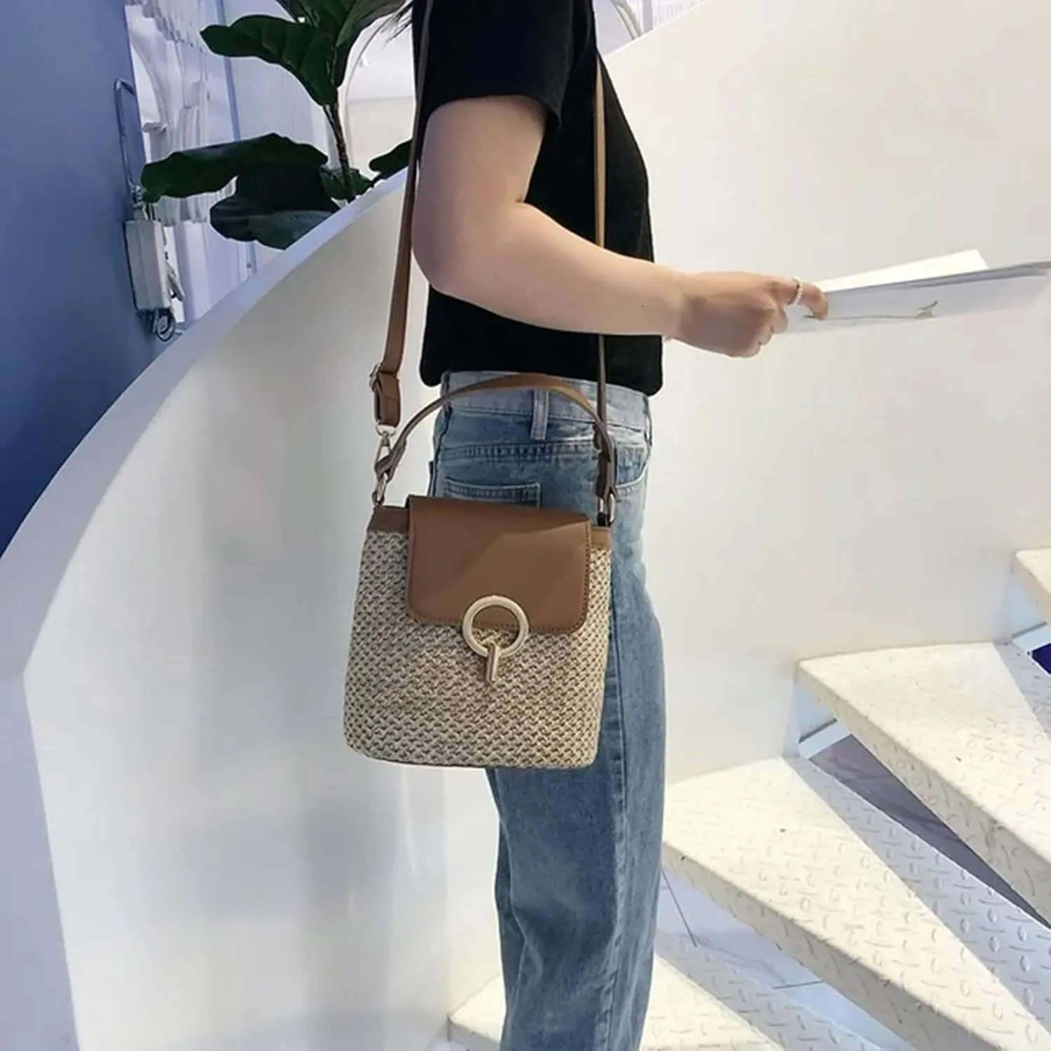 Pouch Purse Shoulder Handbag Straw Weave Women Ladies Bucket Handbags Summer Beach Shoulder Bags