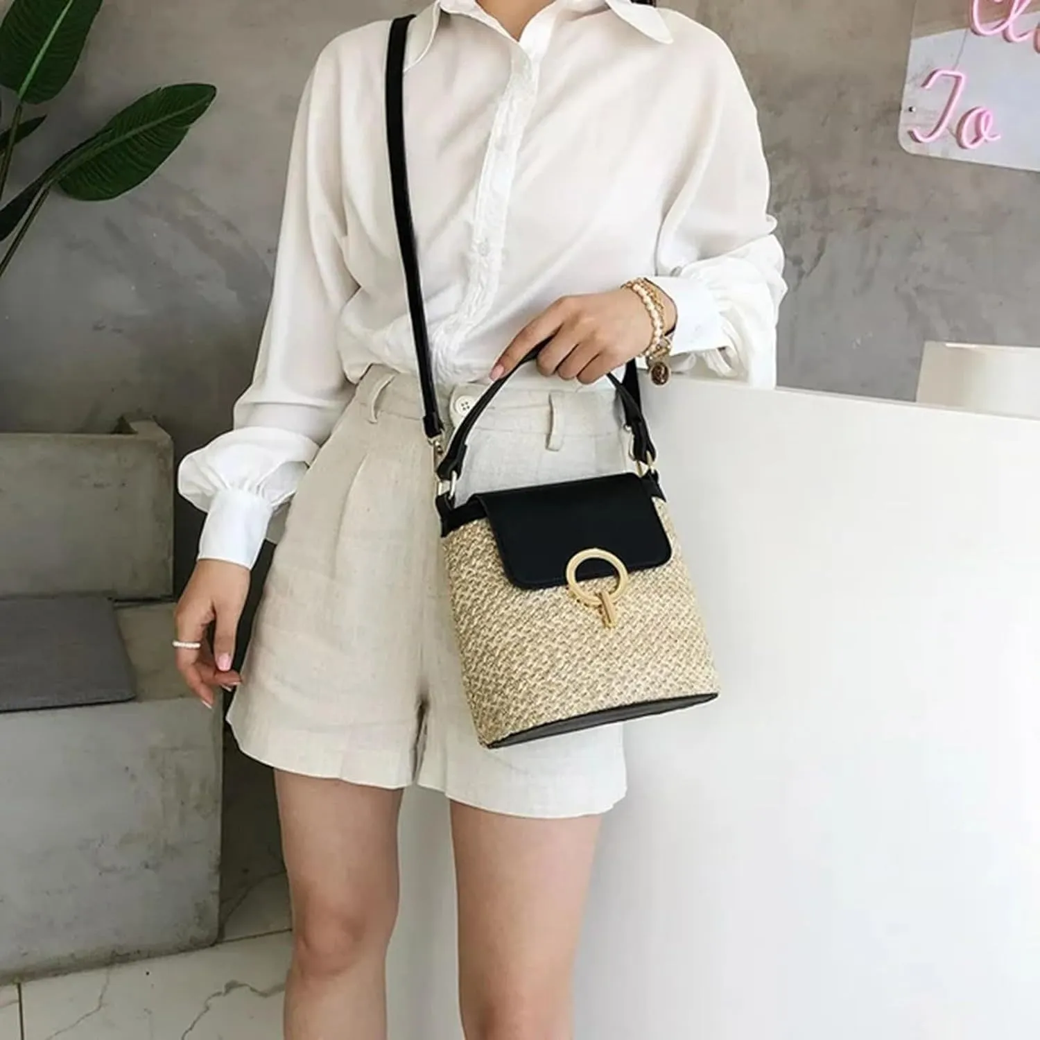 Pouch Purse Shoulder Handbag Straw Weave Women Ladies Bucket Handbags Summer Beach Shoulder Bags