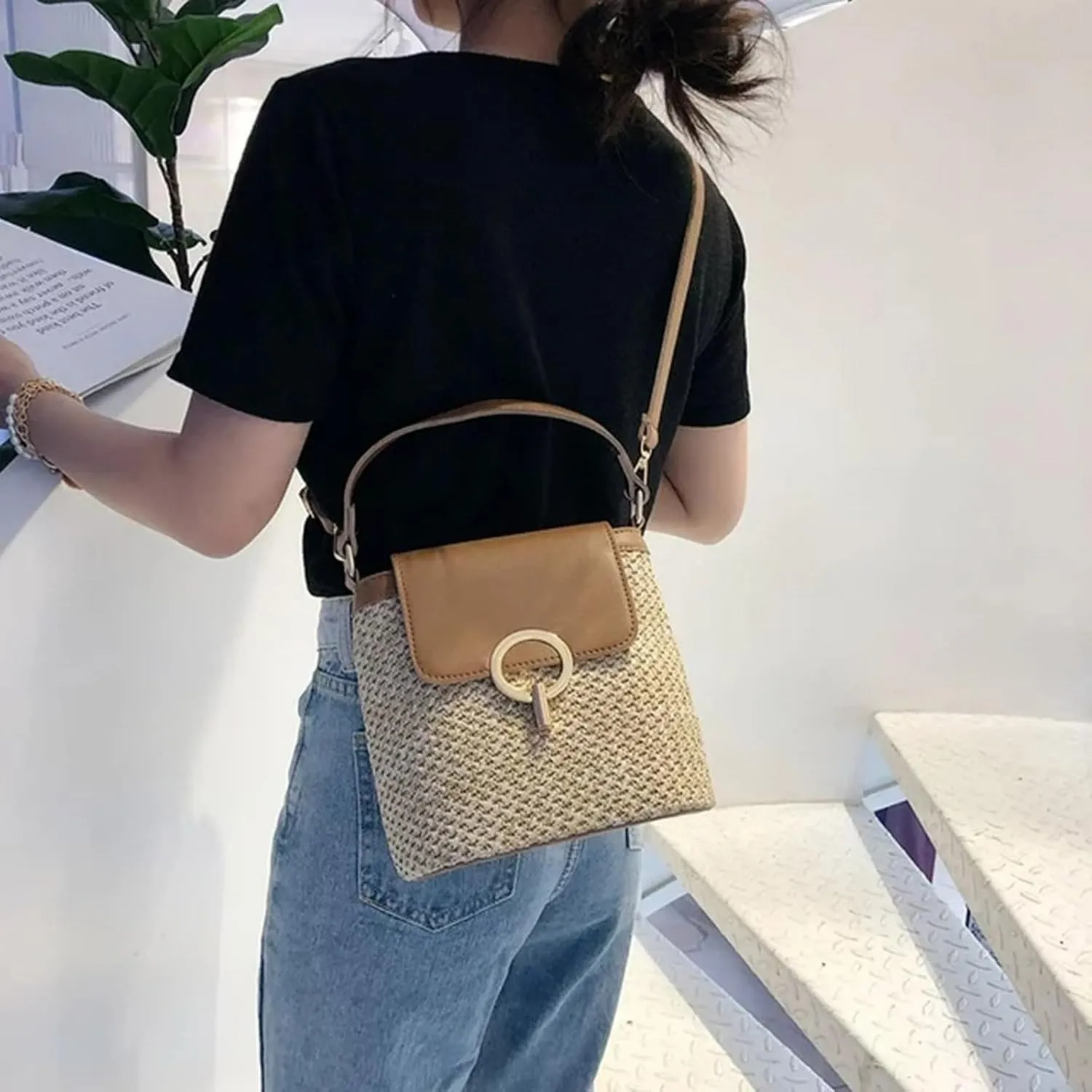Pouch Purse Shoulder Handbag Straw Weave Women Ladies Bucket Handbags Summer Beach Shoulder Bags