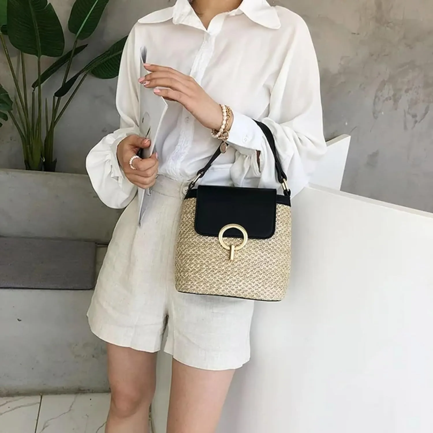 Pouch Purse Shoulder Handbag Straw Weave Women Ladies Bucket Handbags Summer Beach Shoulder Bags