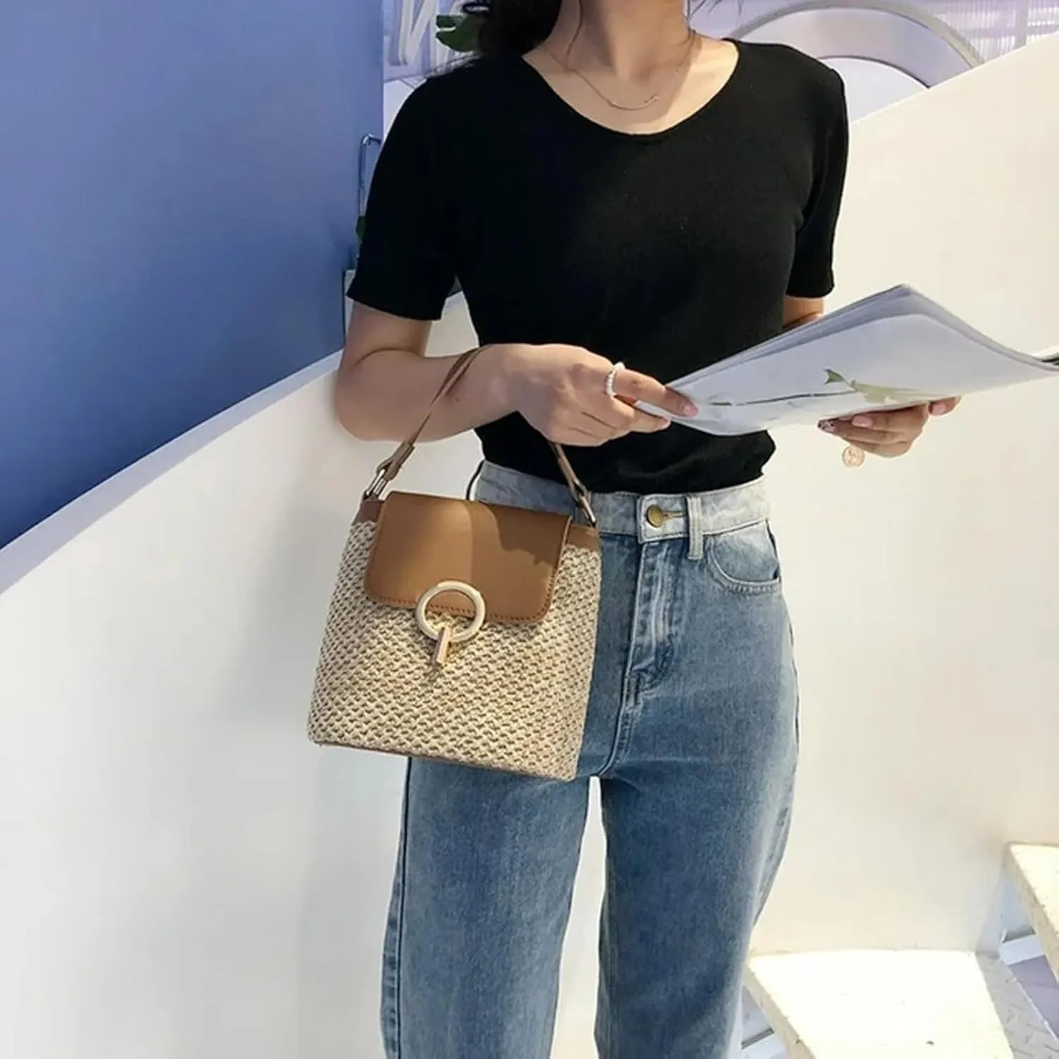 Pouch Purse Shoulder Handbag Straw Weave Women Ladies Bucket Handbags Summer Beach Shoulder Bags