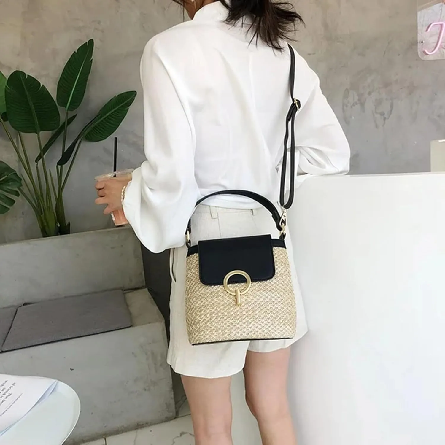Pouch Purse Shoulder Handbag Straw Weave Women Ladies Bucket Handbags Summer Beach Shoulder Bags
