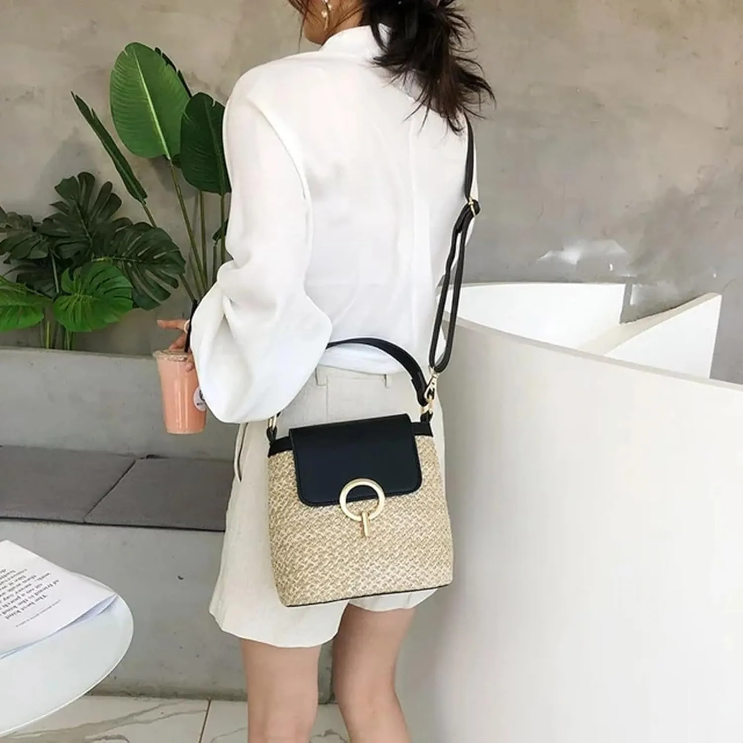 Pouch Purse Shoulder Handbag Straw Weave Women Ladies Bucket Handbags Summer Beach Shoulder Bags