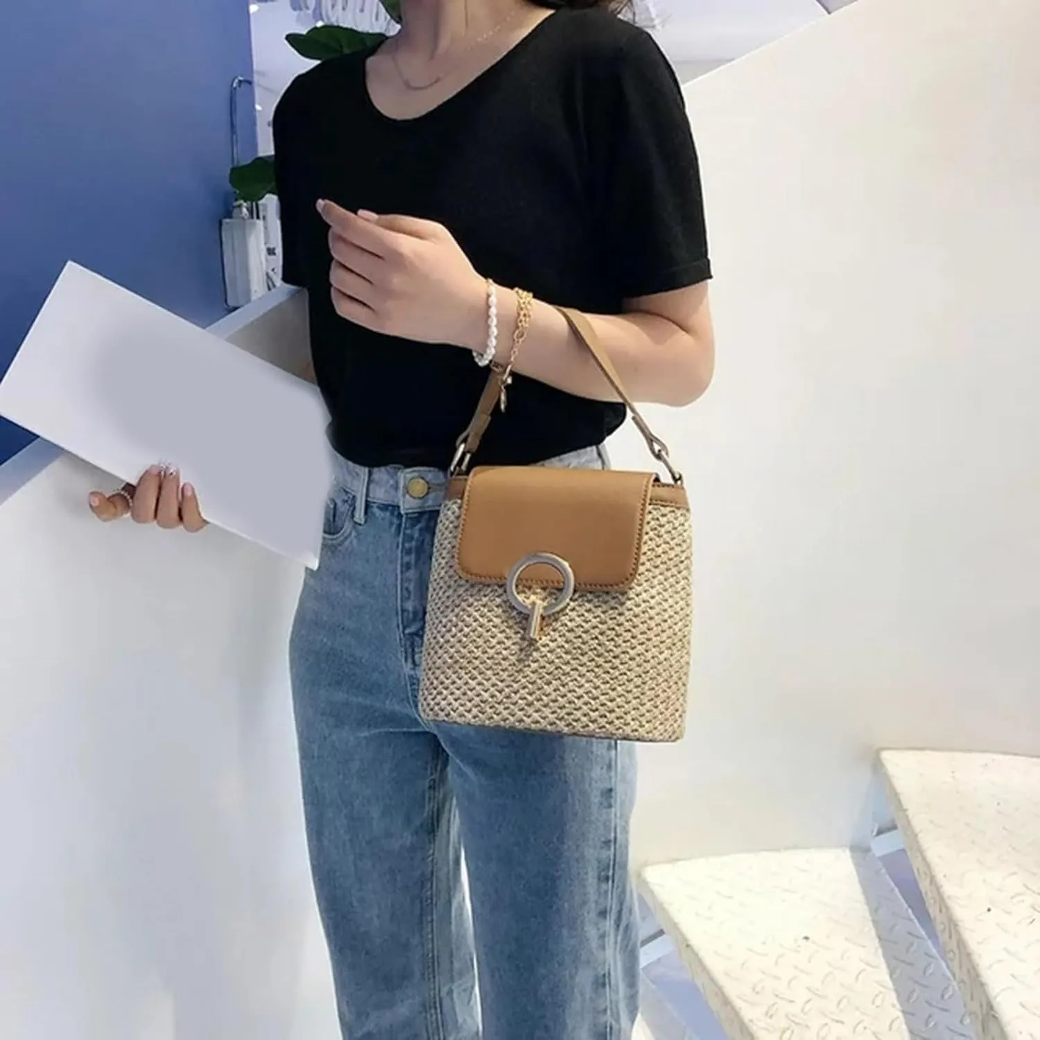 Pouch Purse Shoulder Handbag Straw Weave Women Ladies Bucket Handbags Summer Beach Shoulder Bags
