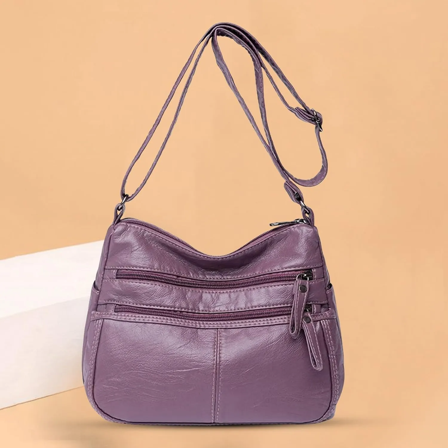 Pu Leather Tote Fashion Casual Women's Retro Soft Leather Zipper Double Pocket Shoulder Messenger Bag
