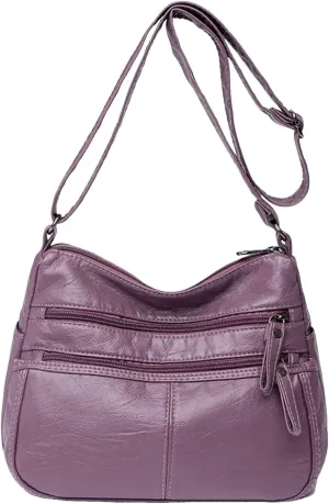 Pu Leather Tote Fashion Casual Women's Retro Soft Leather Zipper Double Pocket Shoulder Messenger Bag