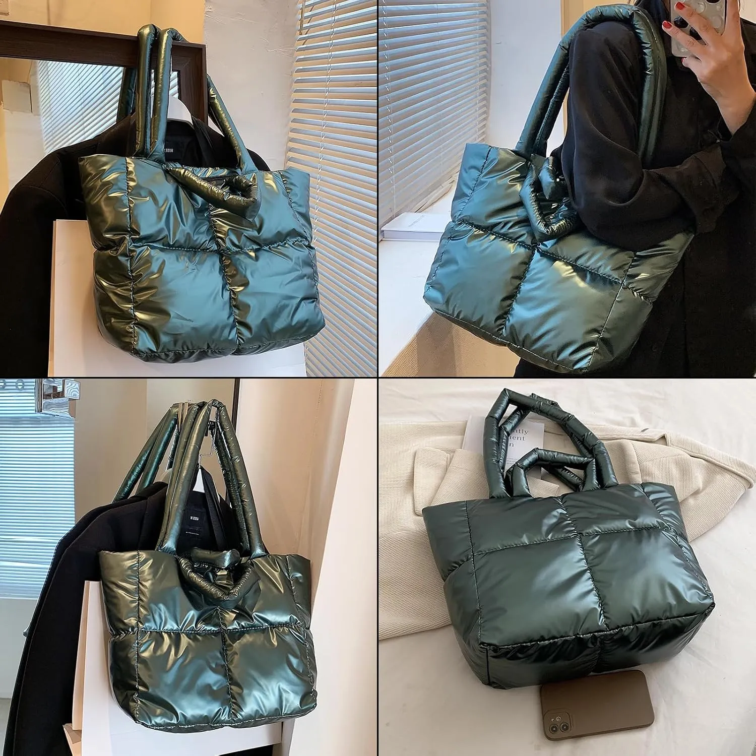 Puffer Tote for Women Large Quilted Purse Ladies Padding Shoulder Lightweight Puffy Tote and Satchels