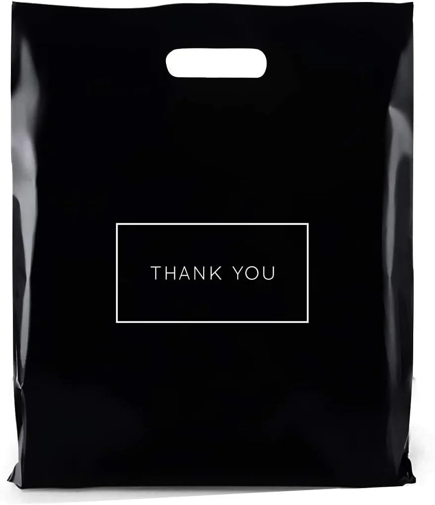 Purple Q Crafts Large Plastic Shopping Bags with Thank You Logo 16" x 18" Boutique Bags with Handles 100 Pack for Merchandise, Gifts, Trade Shows and More