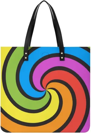 Rainbow Swirl Tote Bag Leather Handbags Large Shoulder Bag for College Work Travel Shopping