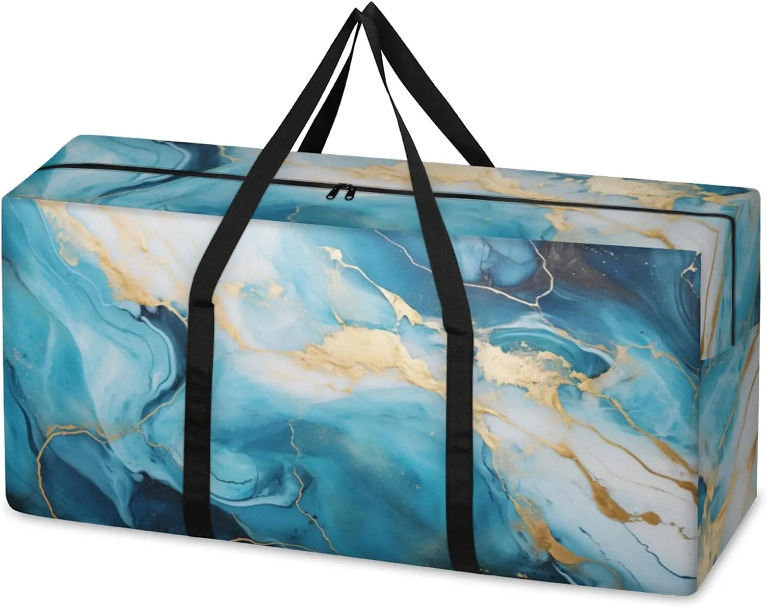 Retro Marble Extra Large Moving Bags Heavy Duty Storage Bags Blue Gold Marble Cloth Wrap Around Handles Double Zipper Reusable Convenient Foldable Storage Tote for Travel Camping Space Save