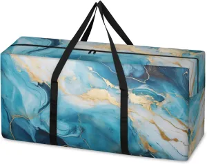 Retro Marble Extra Large Moving Bags Heavy Duty Storage Bags Blue Gold Marble Cloth Wrap Around Handles Double Zipper Reusable Convenient Foldable Storage Tote for Travel Camping Space Save