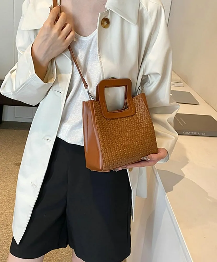 Retro Woven Crossbody Handbags For Women Clutch Satchels Shoulder Purse Ladies Trendy Bucket Bag for Work Travel