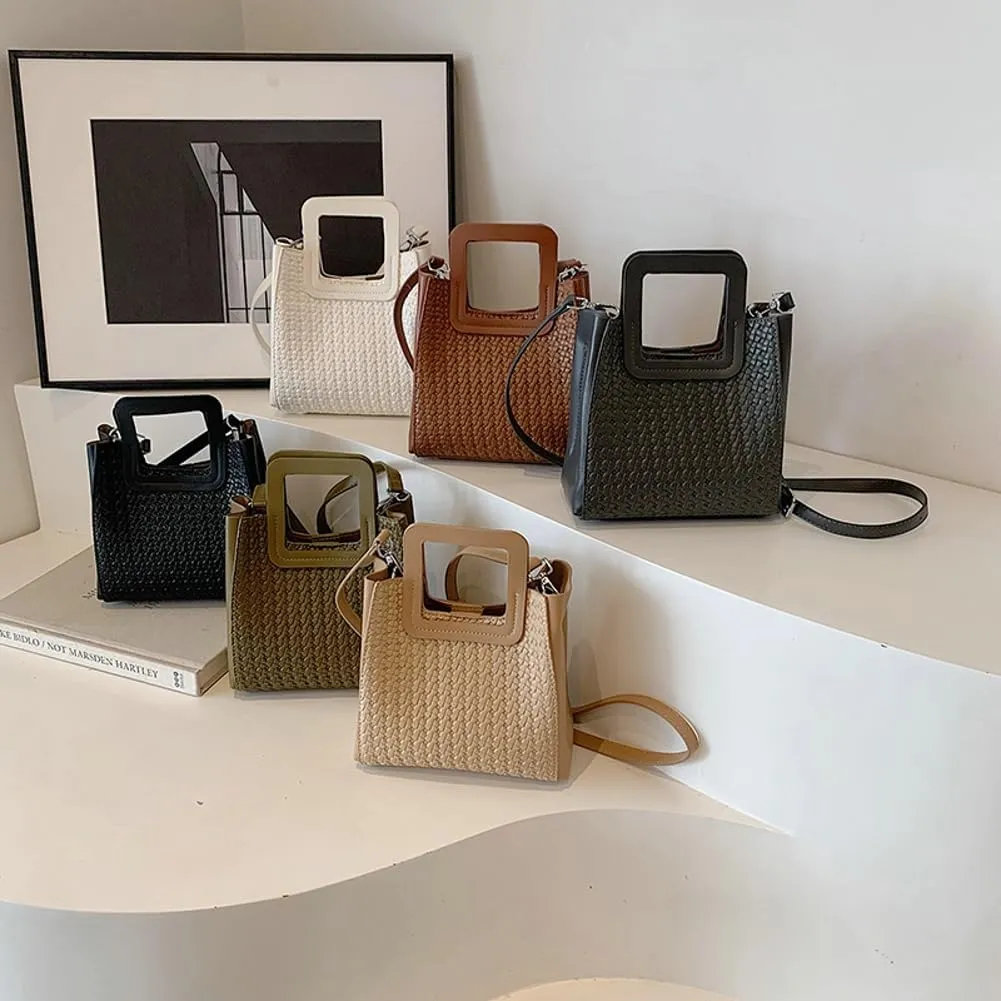 Retro Woven Crossbody Handbags For Women Clutch Satchels Shoulder Purse Ladies Trendy Bucket Bag for Work Travel