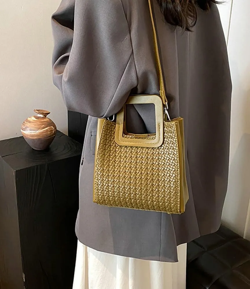 Retro Woven Crossbody Handbags For Women Clutch Satchels Shoulder Purse Ladies Trendy Bucket Bag for Work Travel