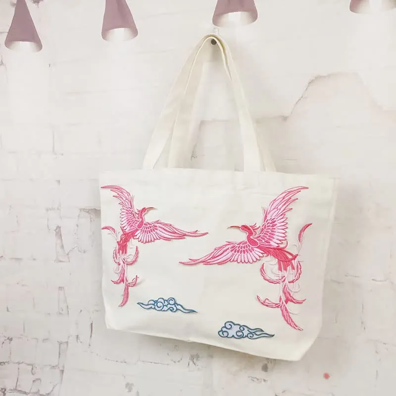 Reusable Grocery Bags Large Collapsible Shopping Bag Heavy Duty Handbag with Reinforced Handles Traditional Embroidery Craft Cute Tote Bags Women Gift Beach Bag (Red Double Phoenix)