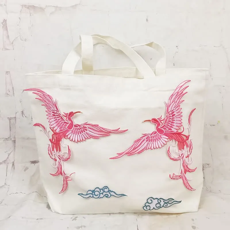Reusable Grocery Bags Large Collapsible Shopping Bag Heavy Duty Handbag with Reinforced Handles Traditional Embroidery Craft Cute Tote Bags Women Gift Beach Bag (Red Double Phoenix)