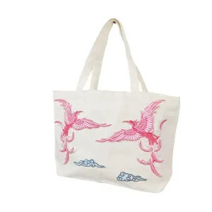 Reusable Grocery Bags Large Collapsible Shopping Bag Heavy Duty Handbag with Reinforced Handles Traditional Embroidery Craft Cute Tote Bags Women Gift Beach Bag (Red Double Phoenix)
