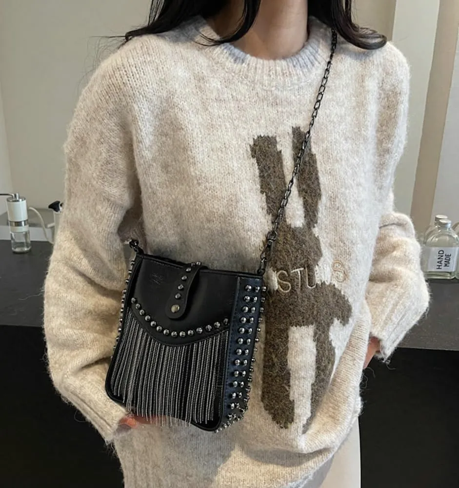 Rungion Trendy Small Purse for Women Vegan Leather Shoulder Crossbody Bag with Chain Y2k Tassel Rivet Handbag Satchels
