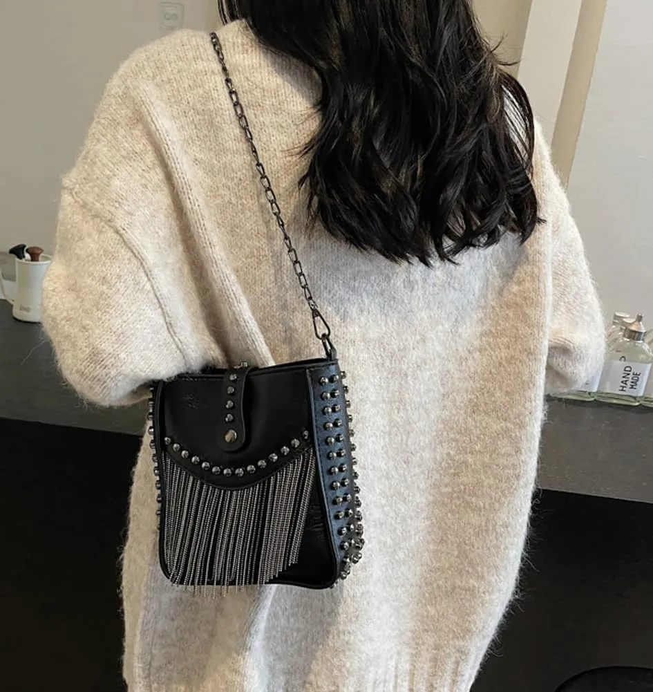 Rungion Trendy Small Purse for Women Vegan Leather Shoulder Crossbody Bag with Chain Y2k Tassel Rivet Handbag Satchels