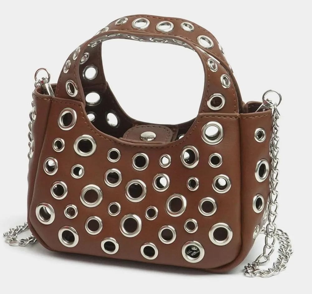 Rungion Trendy Vegan Leather Shoulder Bag for Women Small Y2k Rivet Handbags Crossbody Purse with Chain Satchels 2025