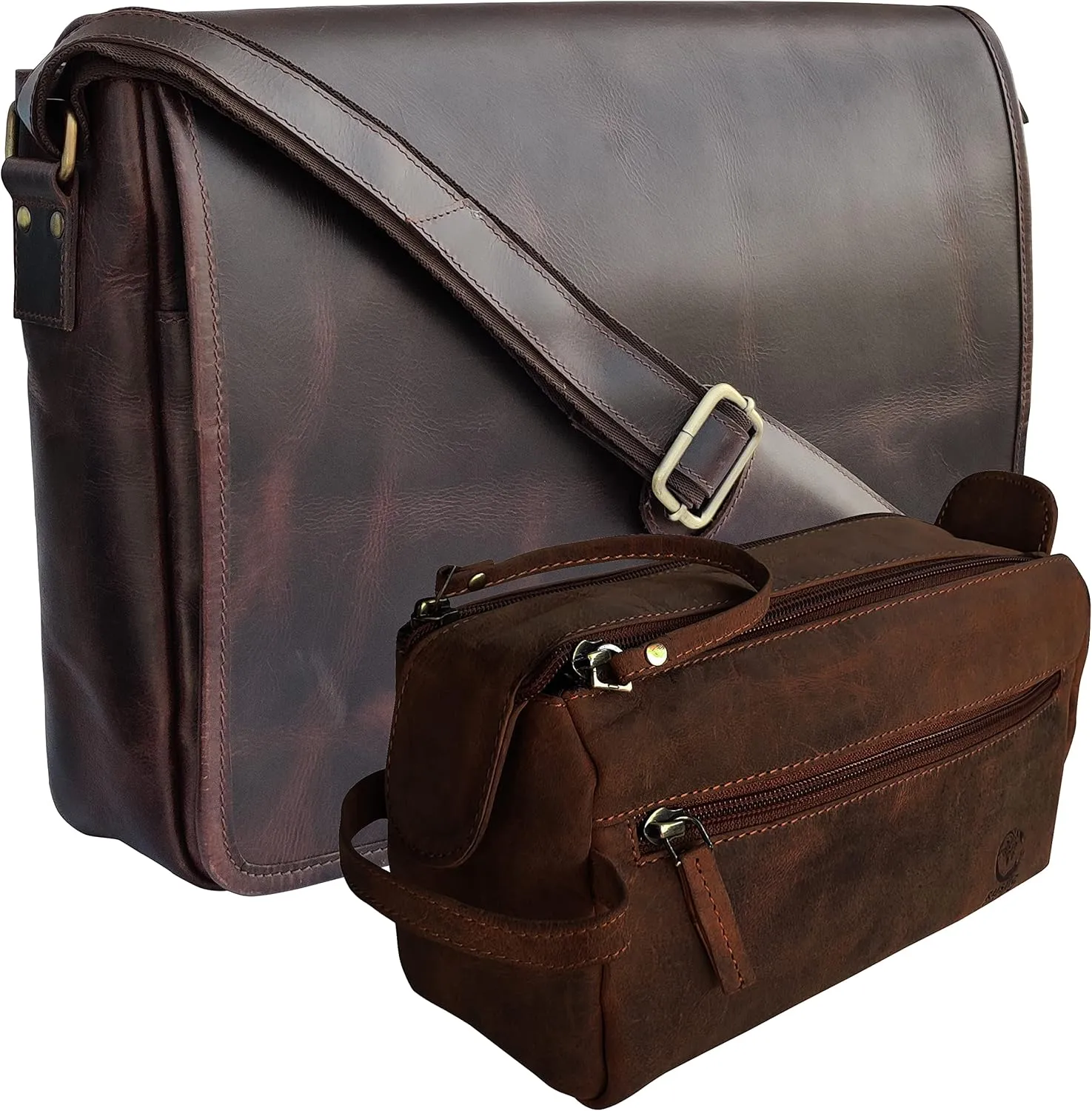 RUSTIC TOWN Handcrafted Genuine Leather Messenger and Toiletry Bag Combo - The Best Travel Gift For Men Women