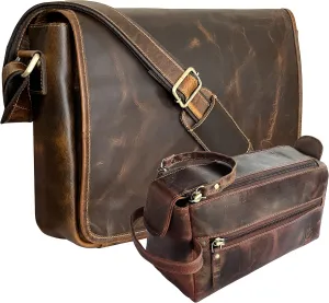 RUSTIC TOWN Handcrafted Genuine Leather Messenger and Toiletry Bag Combo - The Best Travel Gift For Men Women