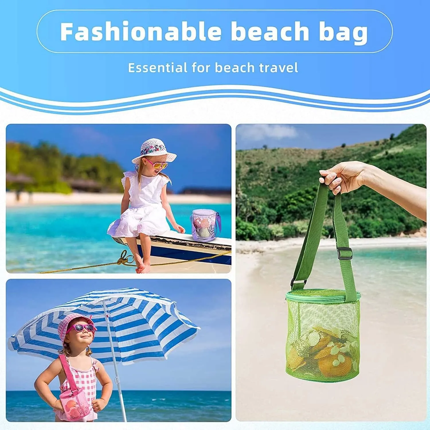 Sand Toy Mesh Bag for Children Mesh Beach Bags, Beach Toy Bag, Storage with Adjustable Straps