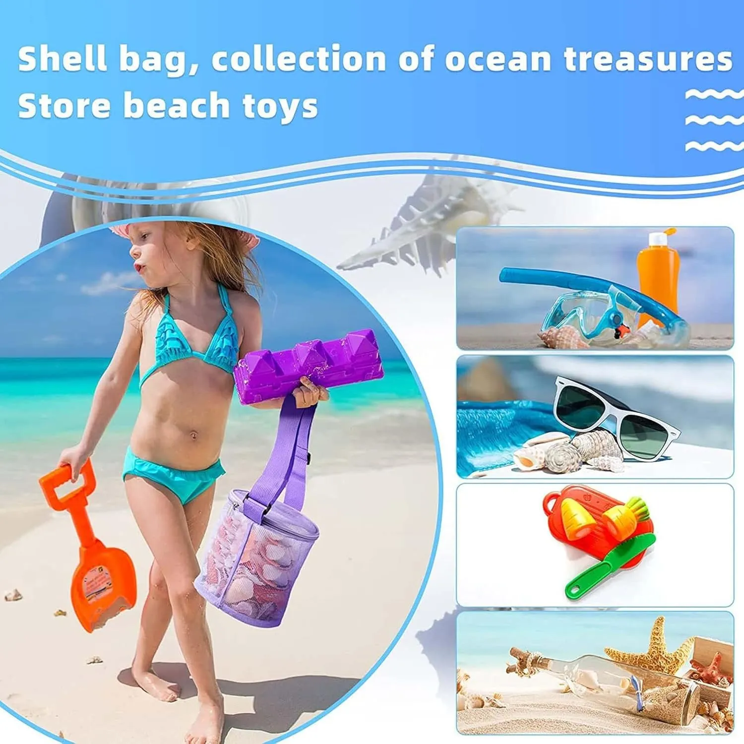 Sand Toy Mesh Bag for Children Mesh Beach Bags, Beach Toy Bag, Storage with Adjustable Straps