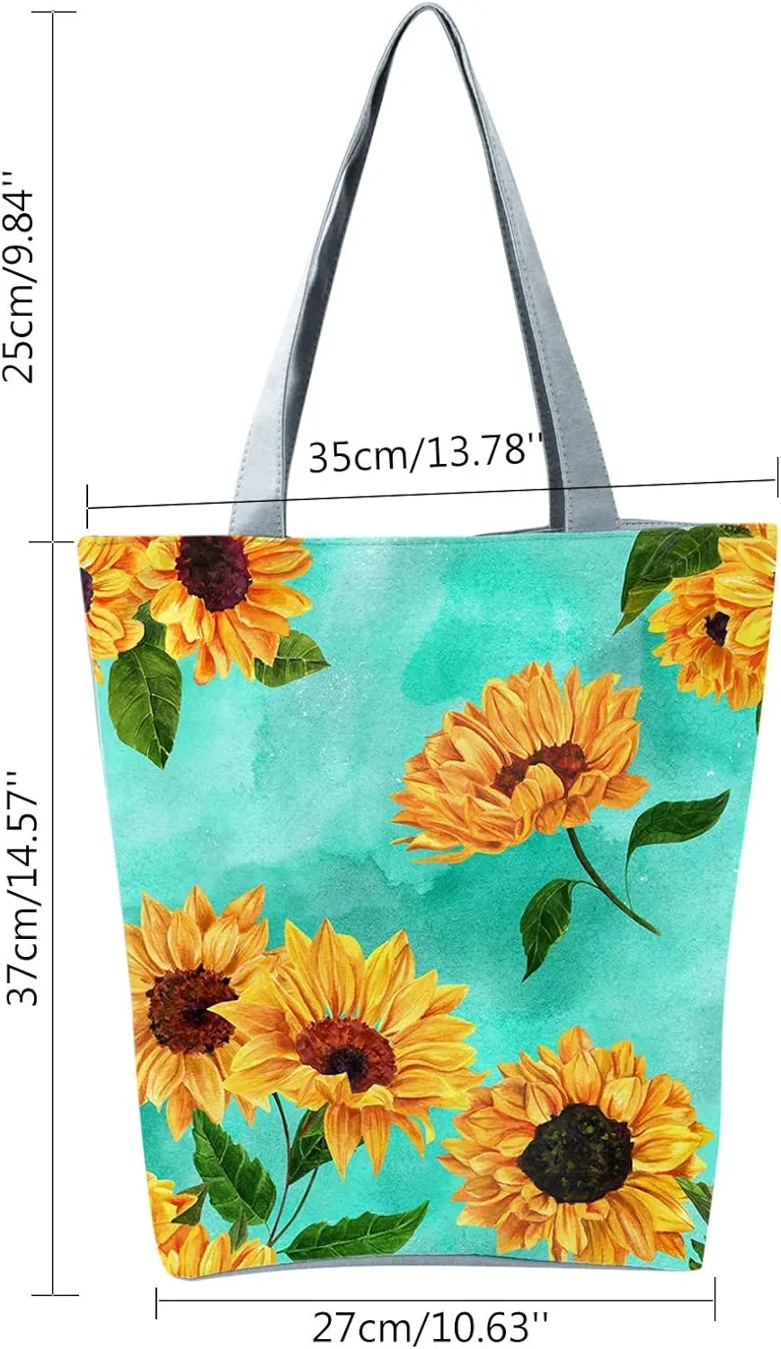 Small Purse Cute Tote Handbag Women's Slouchy Large Capacity Zippered Sunflower Printed Shoulder Bag