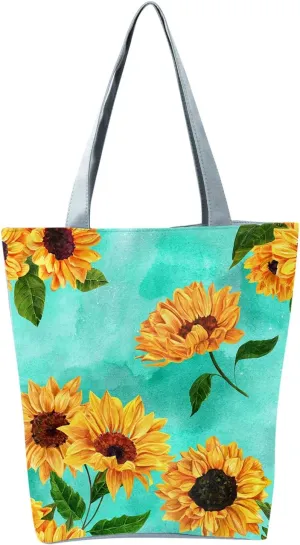 Small Purse Cute Tote Handbag Women's Slouchy Large Capacity Zippered Sunflower Printed Shoulder Bag