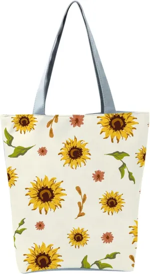 Small Purse Cute Tote Handbag Women's Slouchy Large Capacity Zippered Sunflower Printed Shoulder Bag