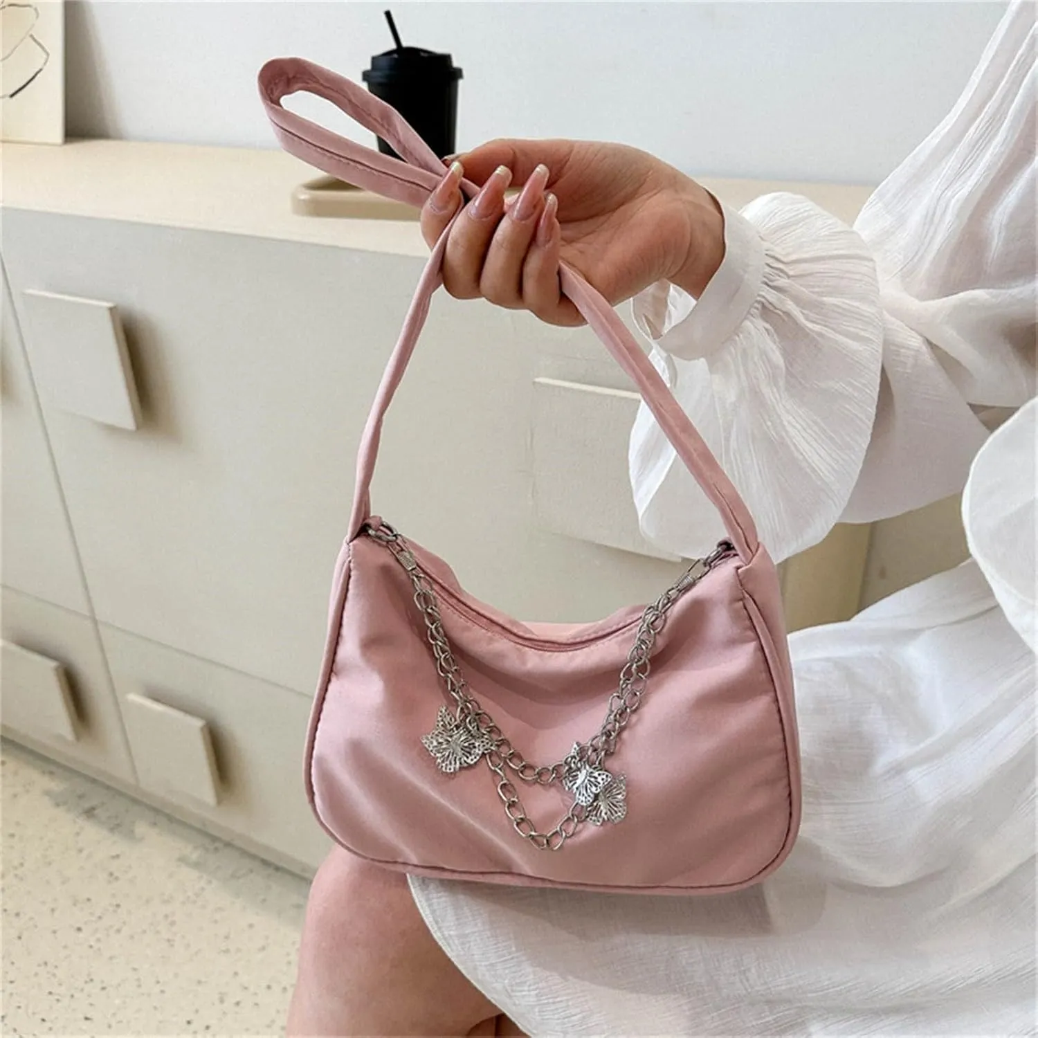 Small Shoulder Bag Cute Mini Simple Tote Bags with Zipper Closure Vegan Leather Fashion Chain Crescent Handbags