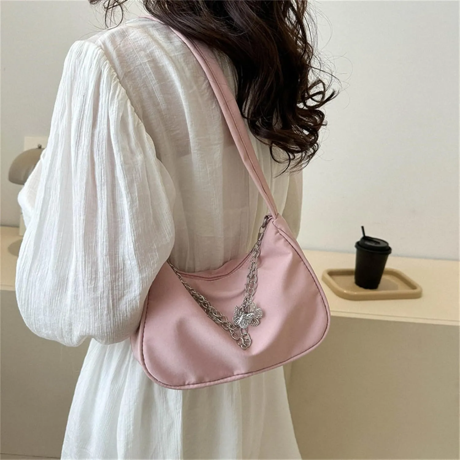 Small Shoulder Bag Cute Mini Simple Tote Bags with Zipper Closure Vegan Leather Fashion Chain Crescent Handbags