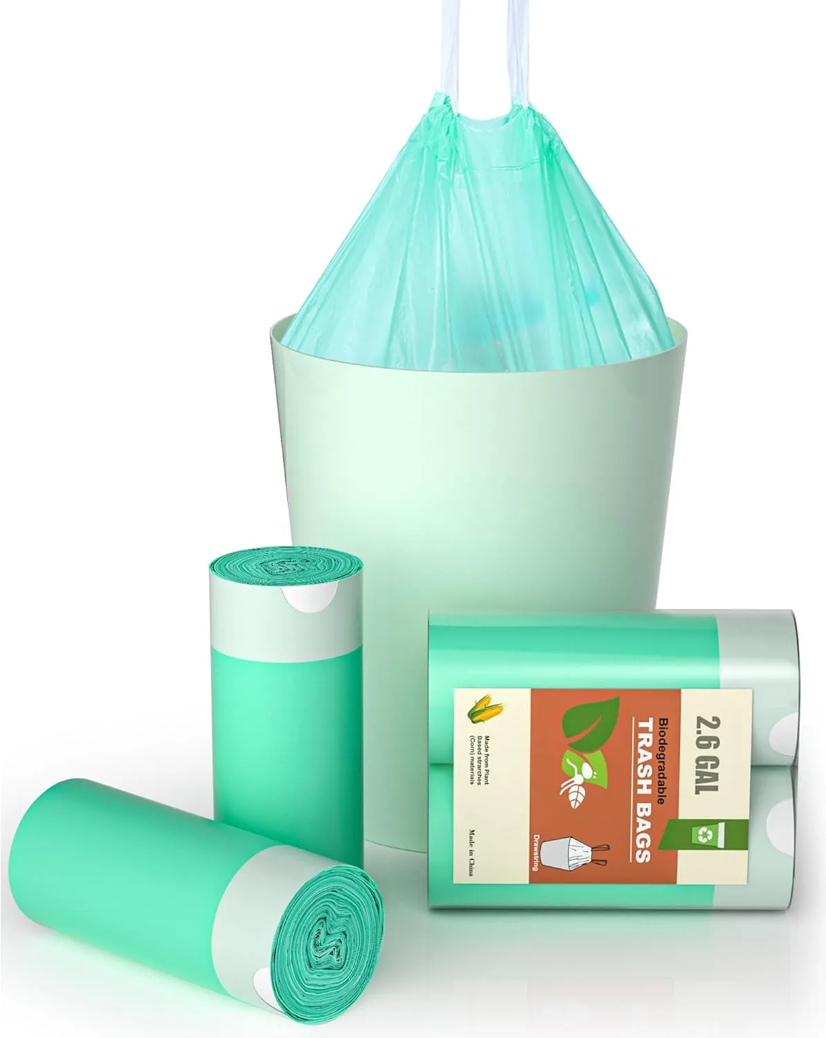 Small Trash Bags, AYOTEE 2 Gallon Trash Bag Drawstring Compostable Trash Bags, 2.6 Gallon Trash Bag Bathroom Trash Bags Compost Bags Waste Basket Liners for Bathroom, Office, Pet (50 Count Green)