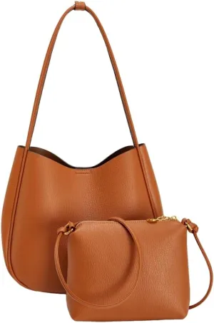 Soft Vegan Leather Shoulder Bag for Women Large Casual Bucket Handbags Working Shopping Tote Purse Satchels 2pcs