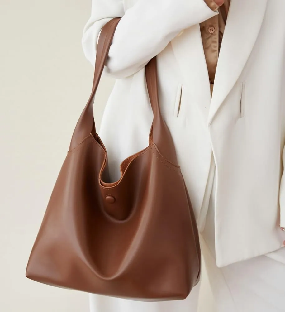 Soft Vegan Leather Shoulder Bag for Women Large Casual Retro Handbags Working Shopping Tote Purse Satchels 2pcs