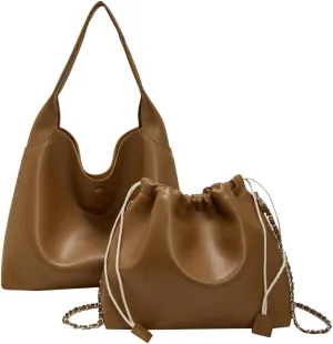 Soft Vegan Leather Shoulder Bag for Women Large Casual Retro Handbags Working Shopping Tote Purse Satchels 2pcs