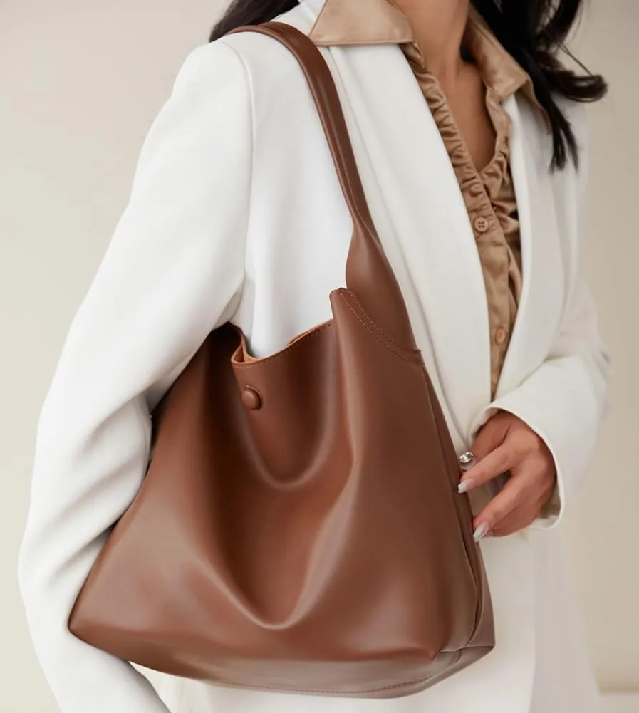 Soft Vegan Leather Shoulder Bag for Women Large Casual Retro Handbags Working Shopping Tote Purse Satchels 2pcs