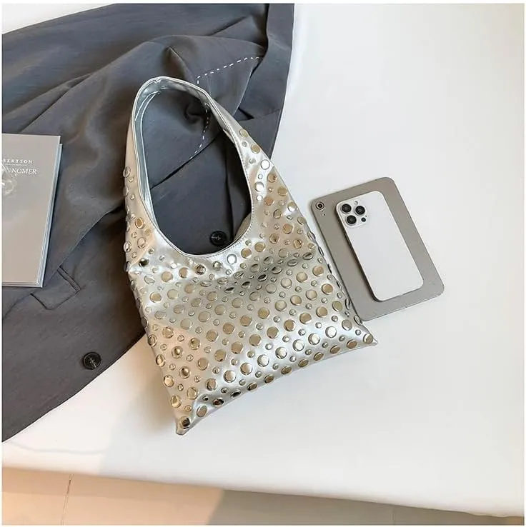 Studded Shoulder Bag for Women PU Leather Tote Bag Rivet Hobo Handbag Retro Underarm Satchels Purse
