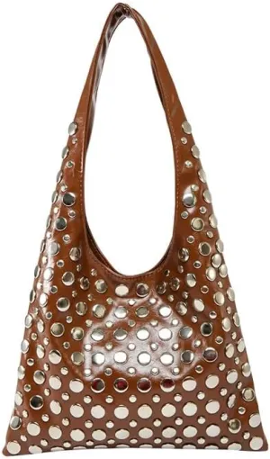 Studded Shoulder Bag for Women PU Leather Tote Bag Rivet Hobo Handbag Retro Underarm Satchels Purse