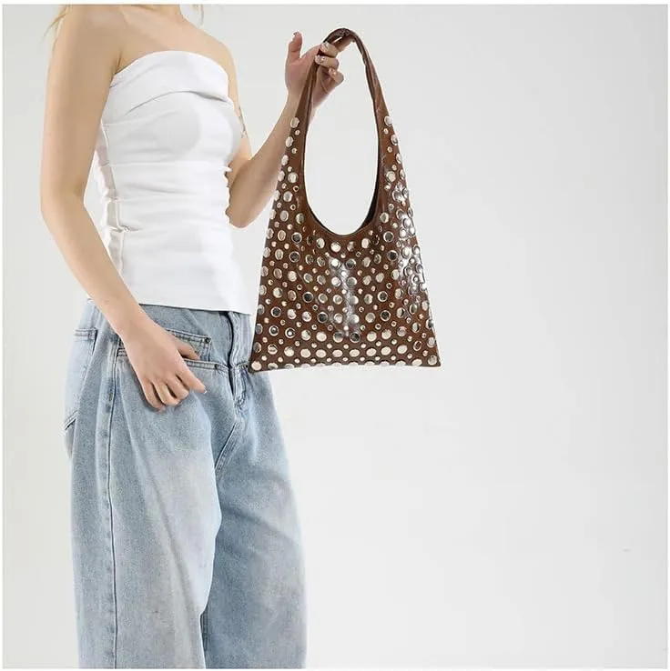 Studded Shoulder Bag for Women PU Leather Tote Bag Rivet Hobo Handbag Retro Underarm Satchels Purse